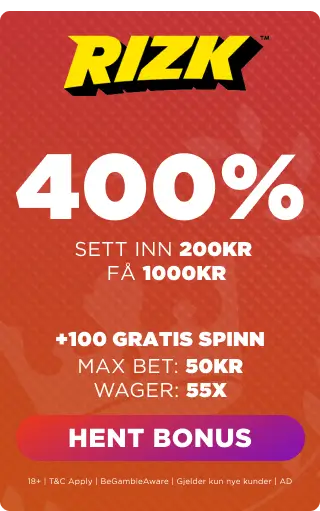 rizk casino 400% velkomstbonus - sett inn 200 kr og spill med 1000 kr