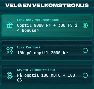 velg ønsket velkomstbonus på powerup casino