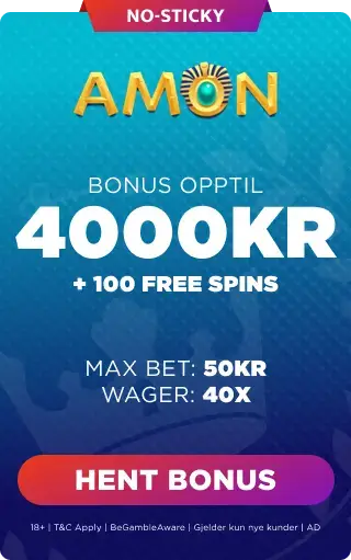 Amon Casino velkomstbonus opptil 4000 kr + 100 free spins