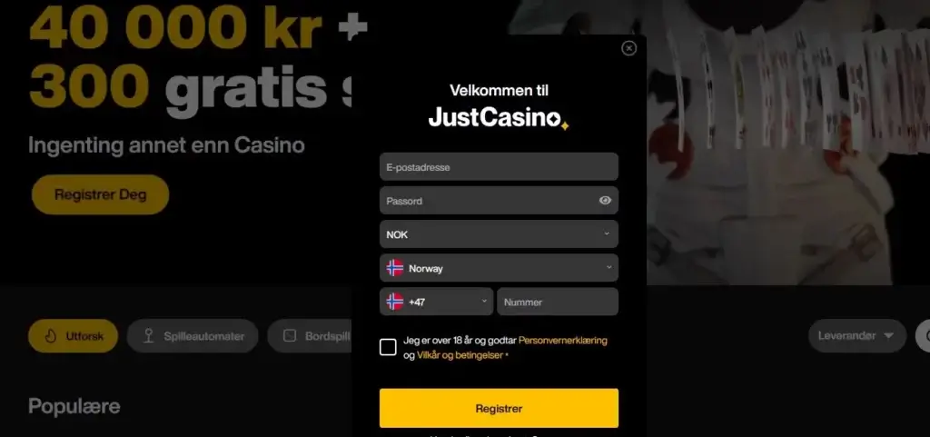 Registrer en konto på Just Casino