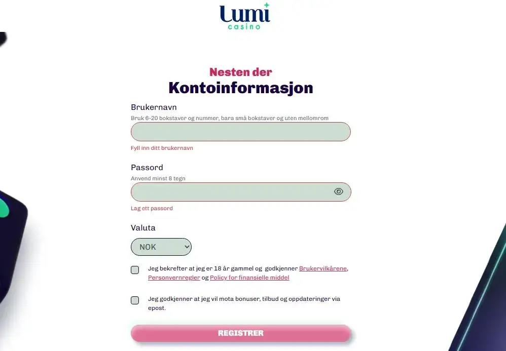 Brukernavn og passord på Lumi casino