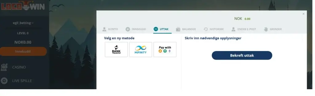 Uttak på Locowin casino