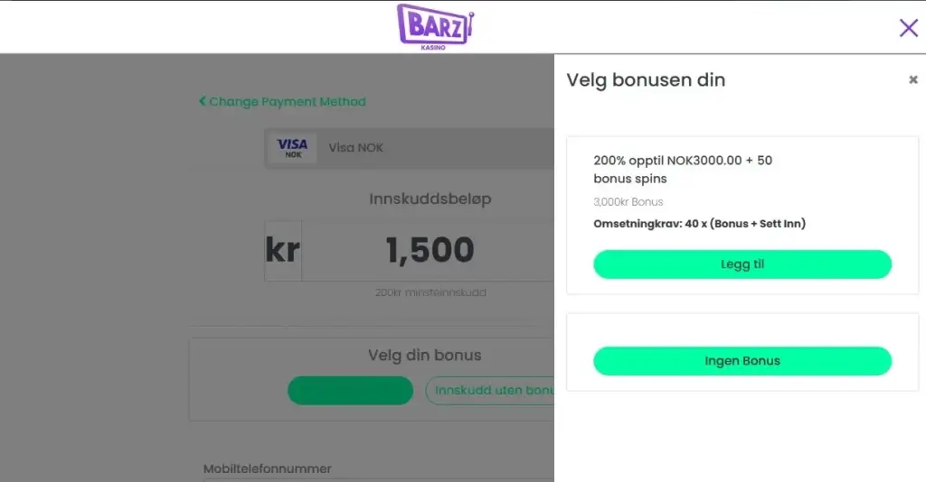 Gjennomfør innskudd og hent bonus på Barz