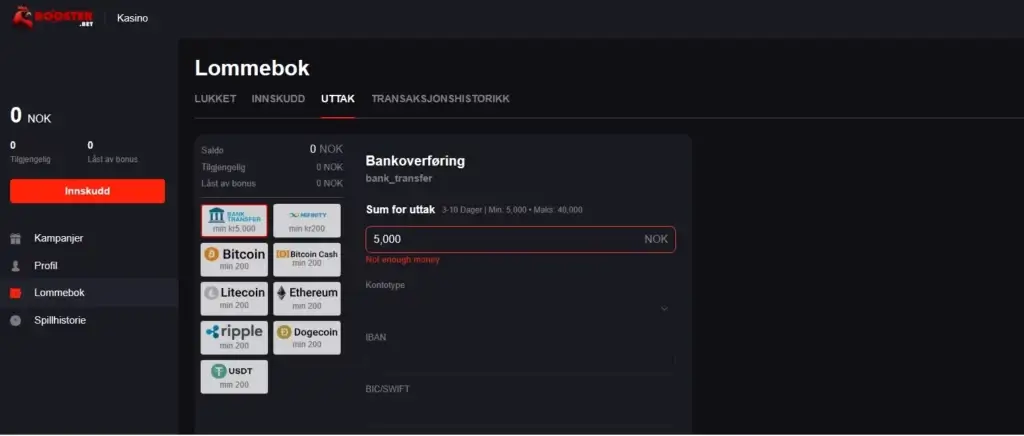 Velg uttaksmetode på Rooster.bet