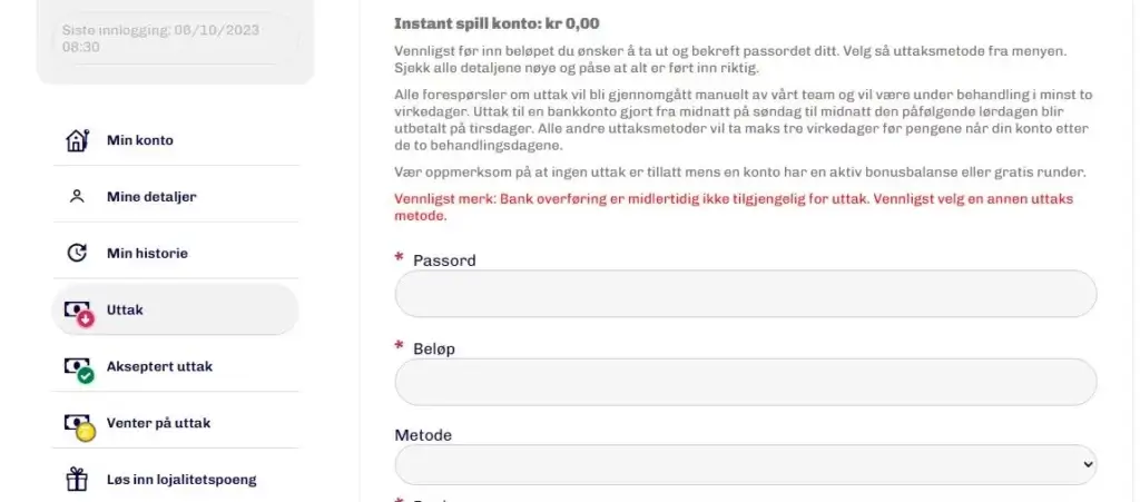 Velg betalingsmetode for uttak på Lumi casino