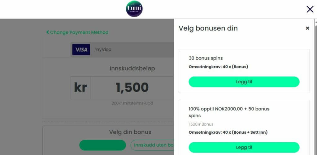 Velg bonus på Lumi casino