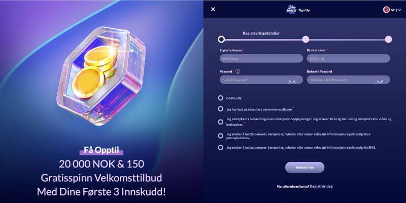 Shiny Wilds Casino registreringssiden hvor du kan melde deg på