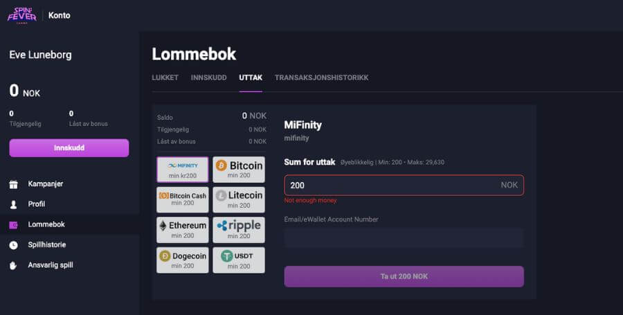 Gjennomfør uttak fra din spillekonto hos SpinFever