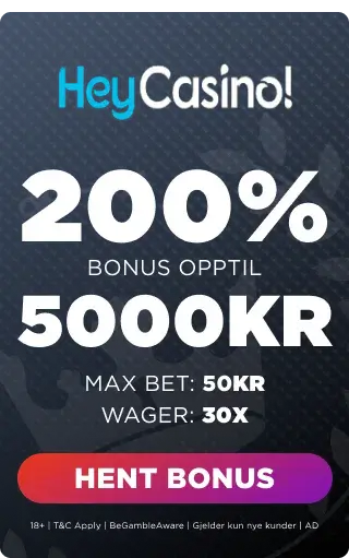 Hey Casino 200% unlock bonus opptil 5000 kr