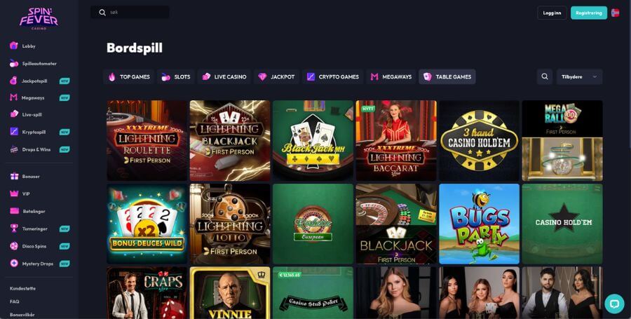 Spill bordspill hos nettcasinoet SpinFever