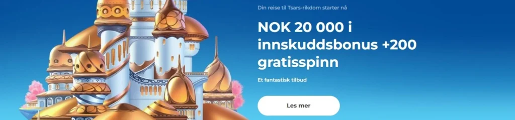 Få opptil 20.000 kr + 200 gratisspinn fordelt på dine fine første innskudd hos Tsars casino. 