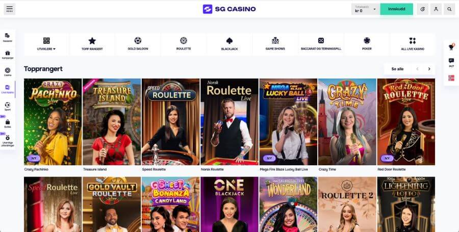 Utvalget av live casinospill hos SG Casino