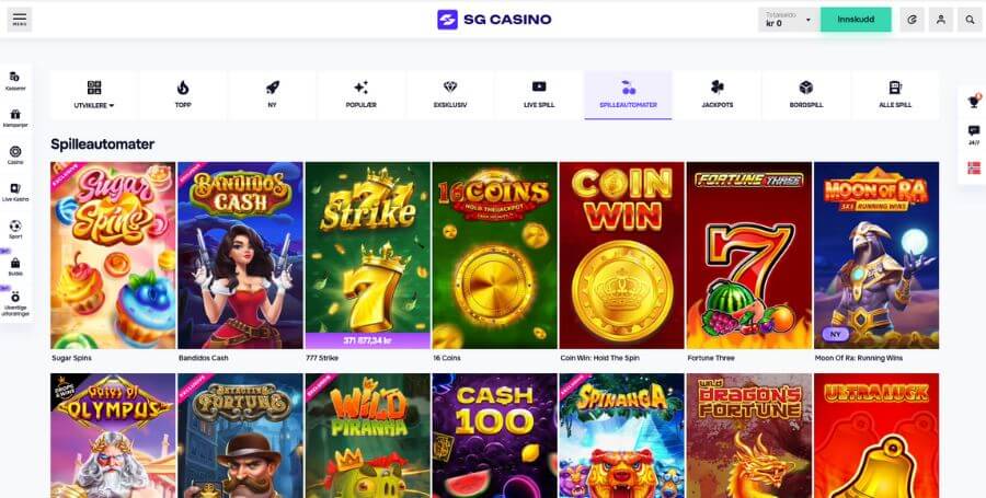 Utvalget av spilleautomater hos SG casino