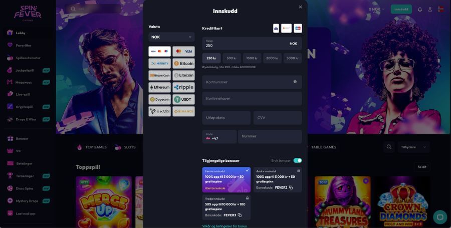Velg innskuddsmetode hos SpinFever