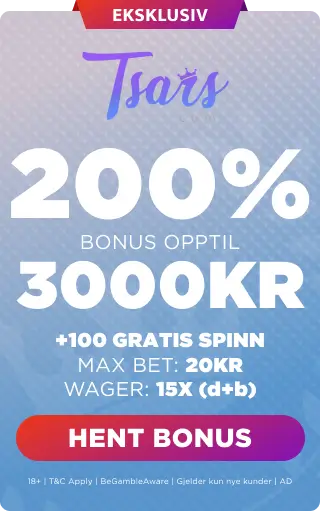 tsars casino bonustilbud eksklusiv 200% opptil 3000 kr + 100 gratisspinn på Pirots