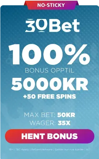 30bet bonuspanel 100% opptil 5000 kr