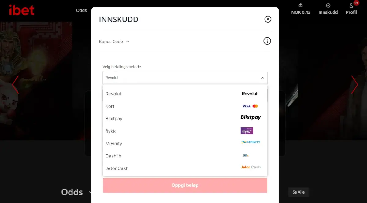 norsk innskuddsmeny for iBet