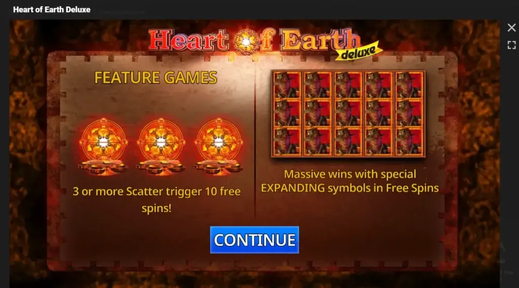 bonusrunde med 10 gratisspinn med utvidende symboler på heart of earth deluxe slot