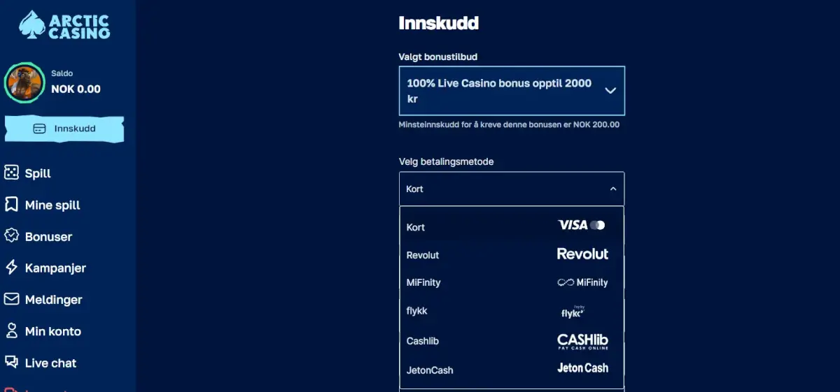 Innskuddsmeny arctic casino norge