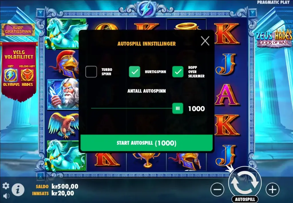 Zeus vs Hades innstillinger for autospill