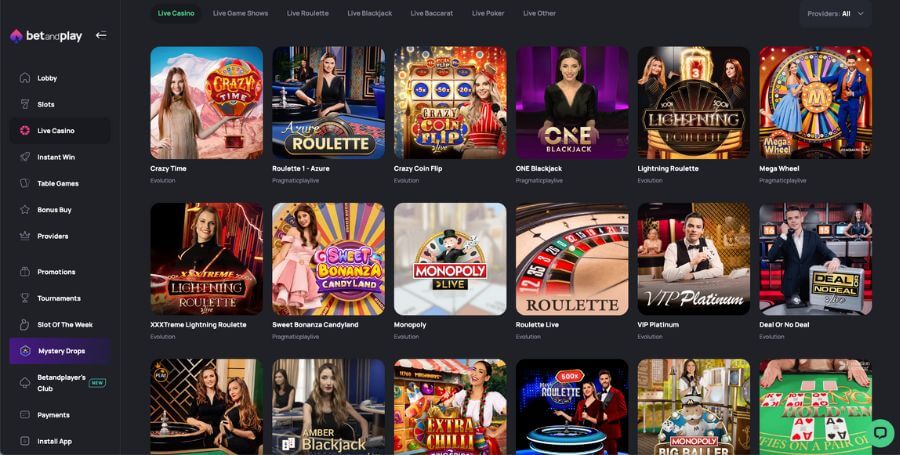 BetandPlay live casino utvalg