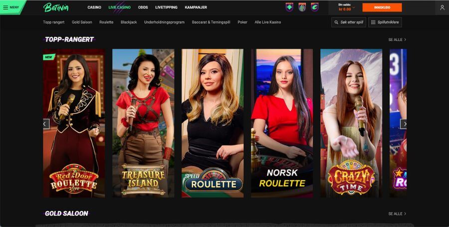 Betinia live casino utvalg