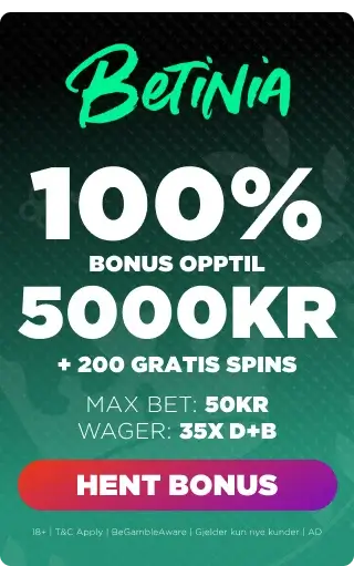 betinia casino og sportsbook bonuspanel 100% opptil 5000 kr