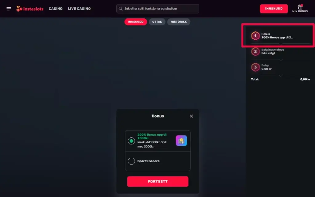 Velg og aktiver bonusen før ditt første innskudd hos InstaSlots Casino.