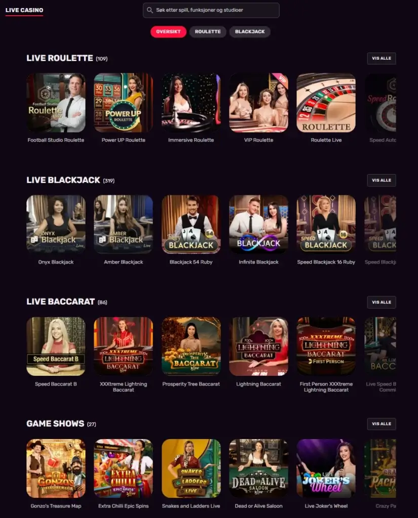 Live Casino hos InstaSlots