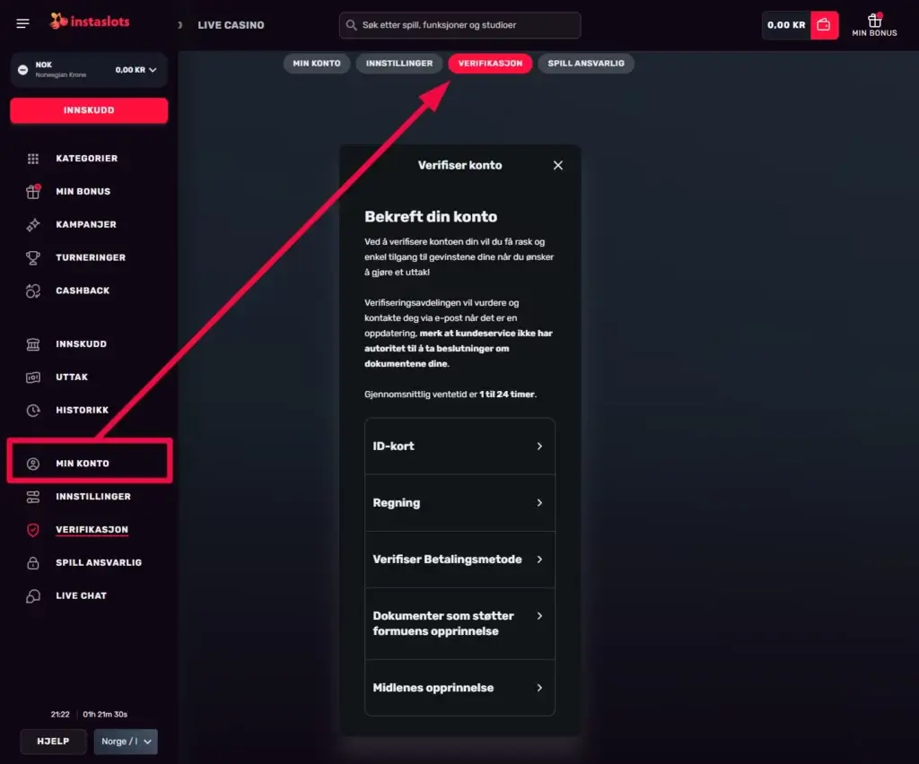 InstaSlots-Casino-uttaksprosessen-KYC-verifisering