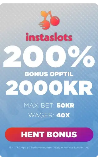 Instaslots bonuspanel 200% opptil 2000 kr