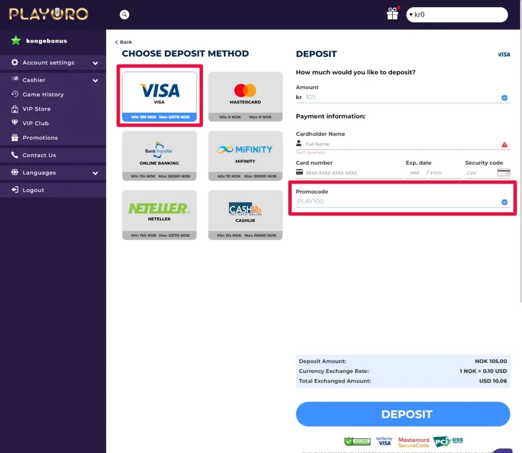 Gjør ditt første innskudd hos PlayOro med VISA og få 100% bonus på hverr innskudd med bonuskode PLAY100.