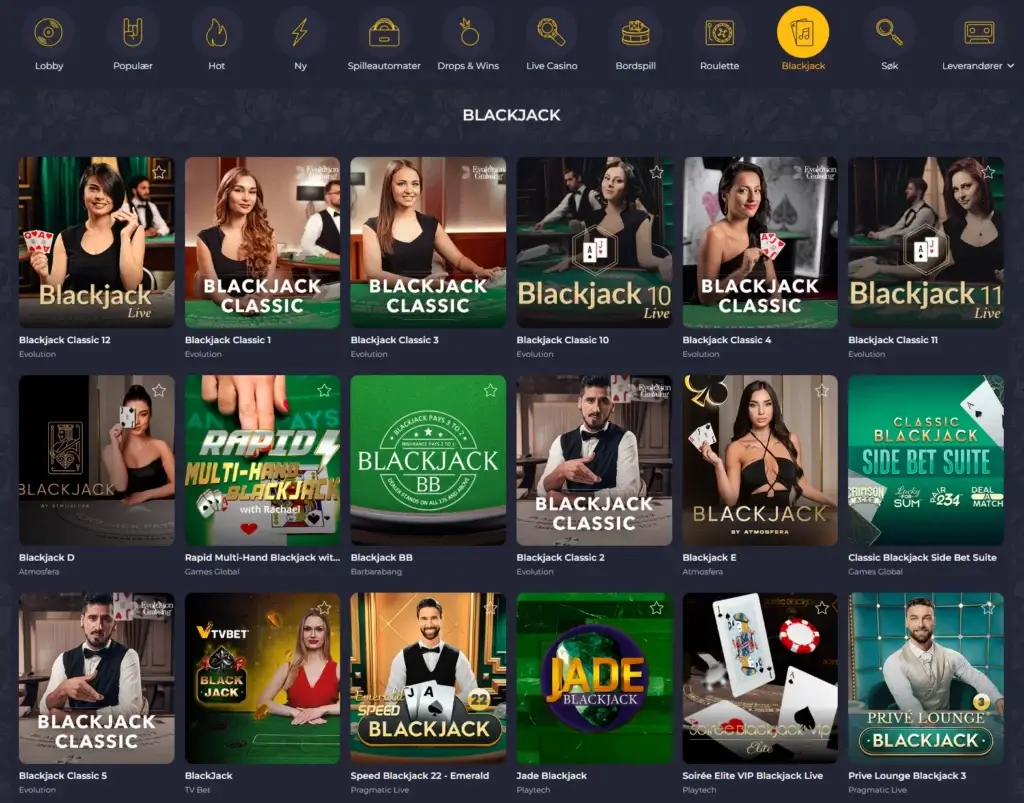 Rolling Slots Casino med egen kategori for blackjack