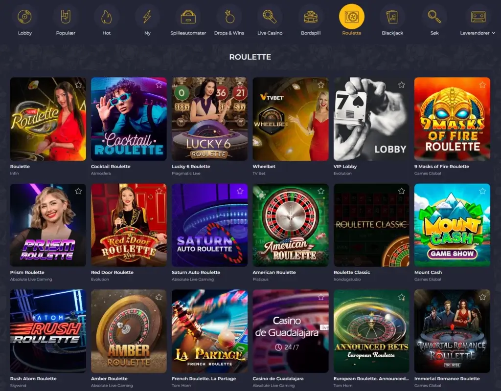 Rolling Slots Casino med egen kategori for roulette