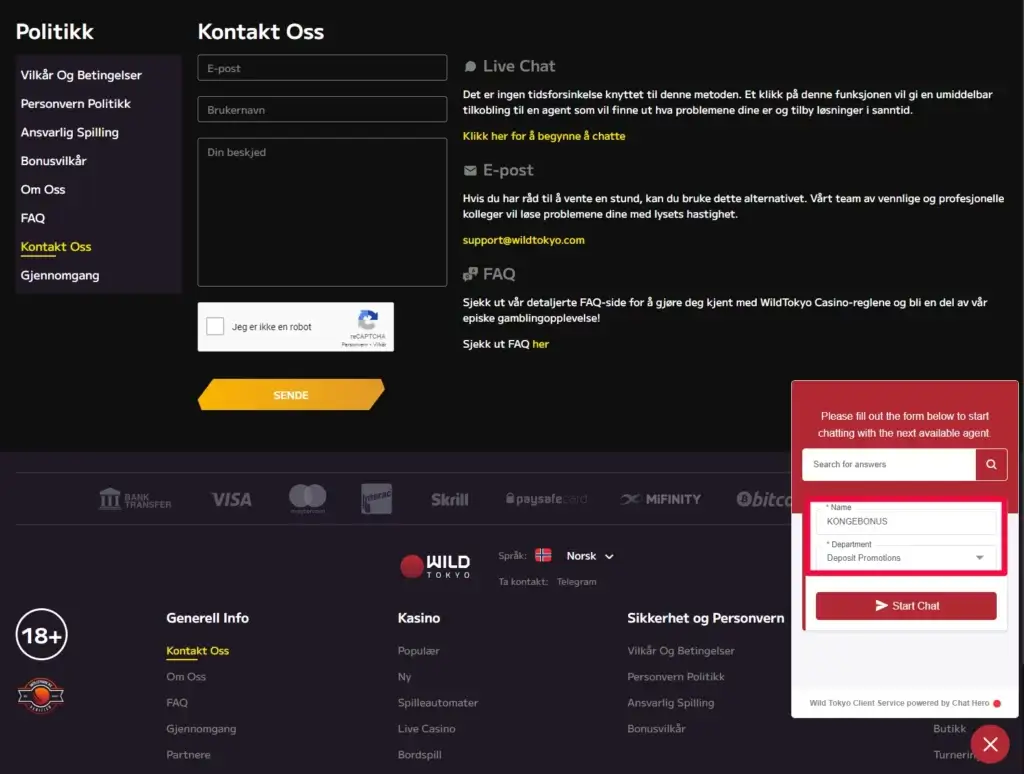 Kontakt kundeservice for bonusaktivering hos Wild Tokyo Casino