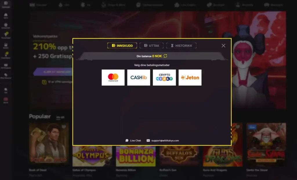 Gjennomfør ditt første innskudd  hos Wild Tokyo Casino