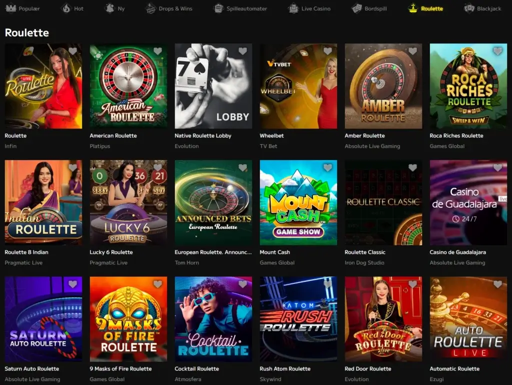 Roulette casinospill, både RNG og live dealer-spill