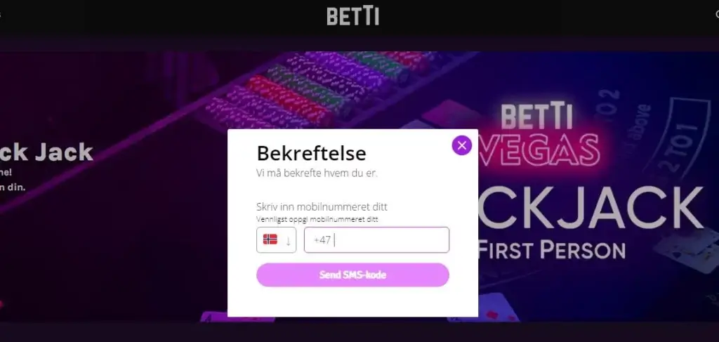 Registrere telefonnummer på Betti casino