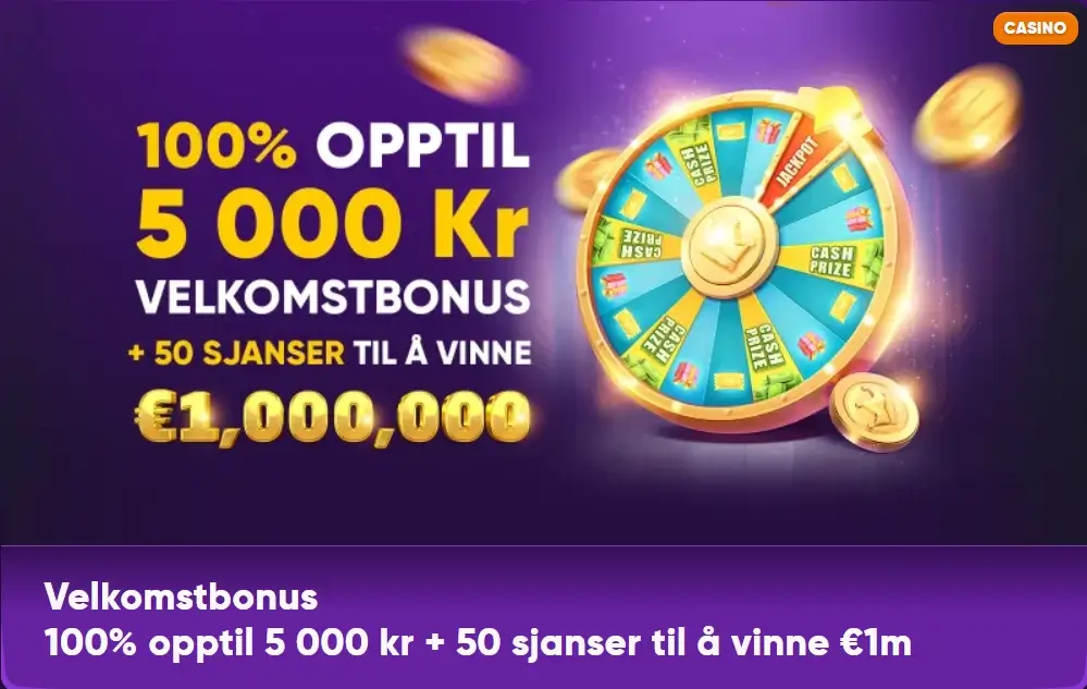 Aktiver velkomstbonusen hos Kingmaker: 100% bonus opptil 5000 kr pluss 50 sjanser til å vinne €1,000,000