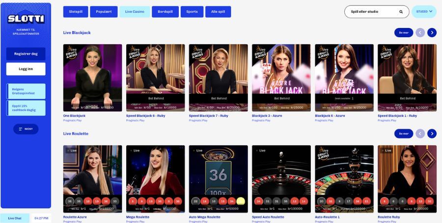 Slotti live casino utvalg