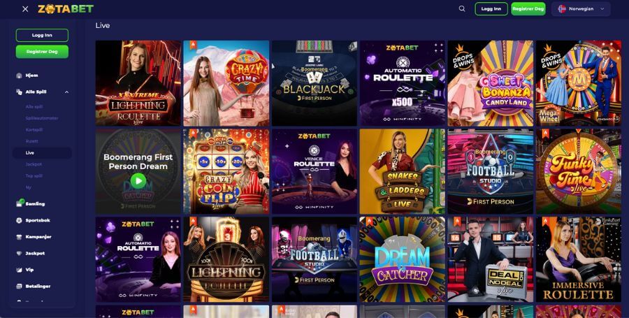 ZotaBet live casino utvalg