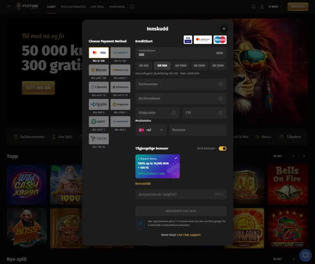 Gjennomfør ditt første innskudd hos Fortune Play, som er et av flere casino med flest slots