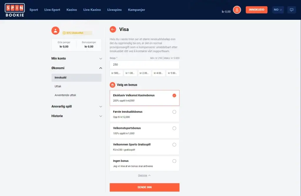 Velg og aktiver Eksklusiv Velkomst Kasinobonus hos SpinBookie