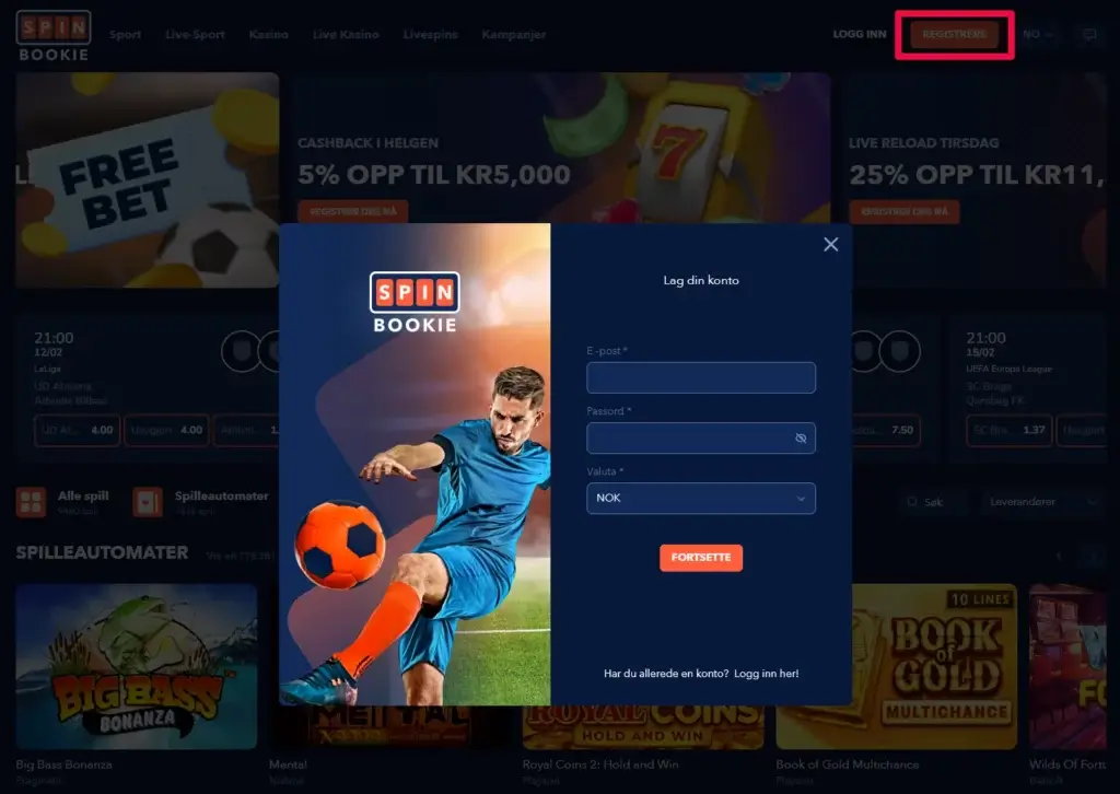 Registrer en konto hos SpinBookie