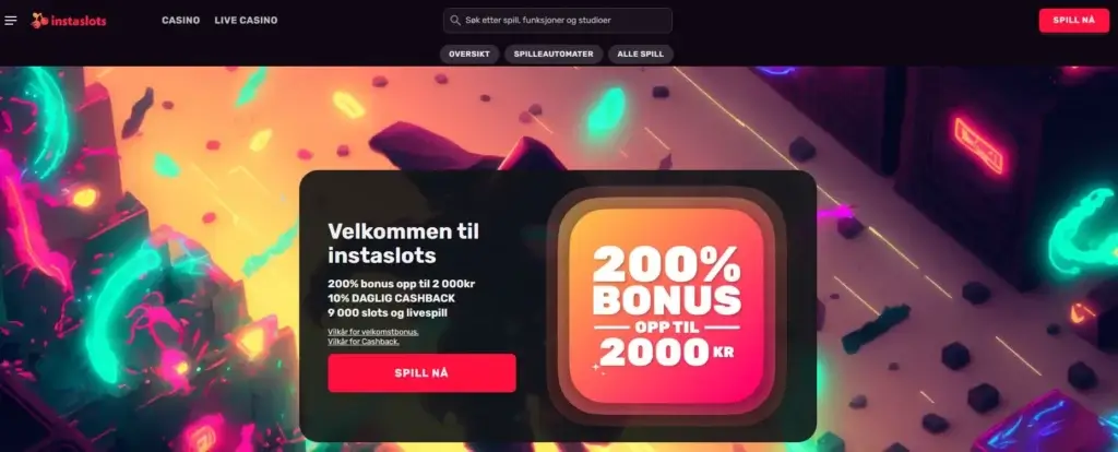 Instaslots hjemmeside med cashback-tilbud