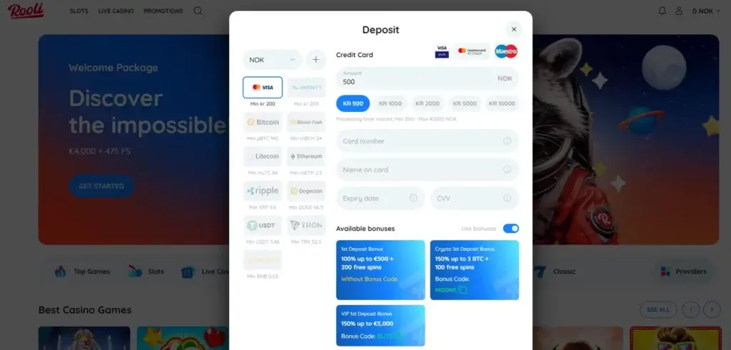 Betalingsmetode på Rooli casino