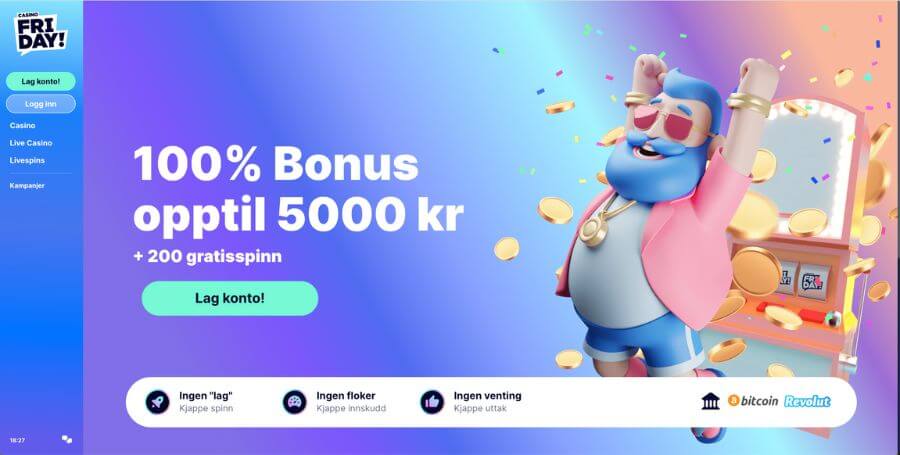 CasinoFriday | No Sticky 100% opptil 5000 kr + 200 gratisspinn