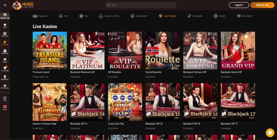 Hugo Casino live casino utvalg