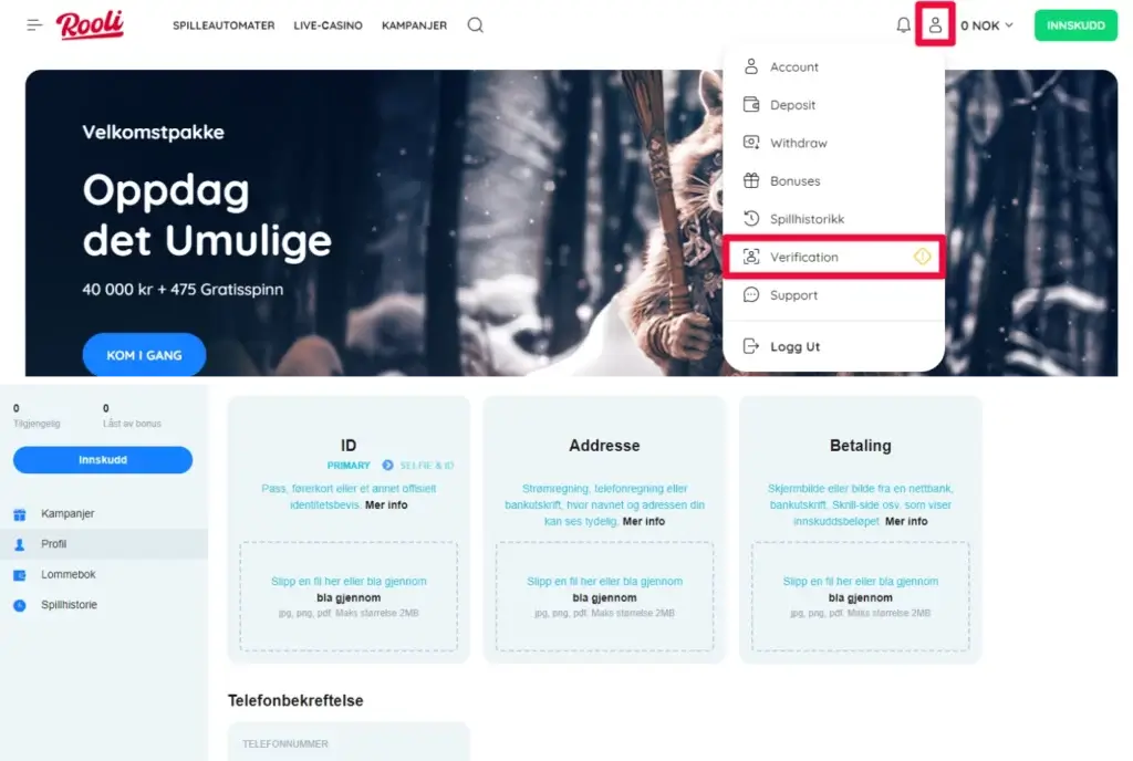 Bekreft din konto hos casinoet før uttak