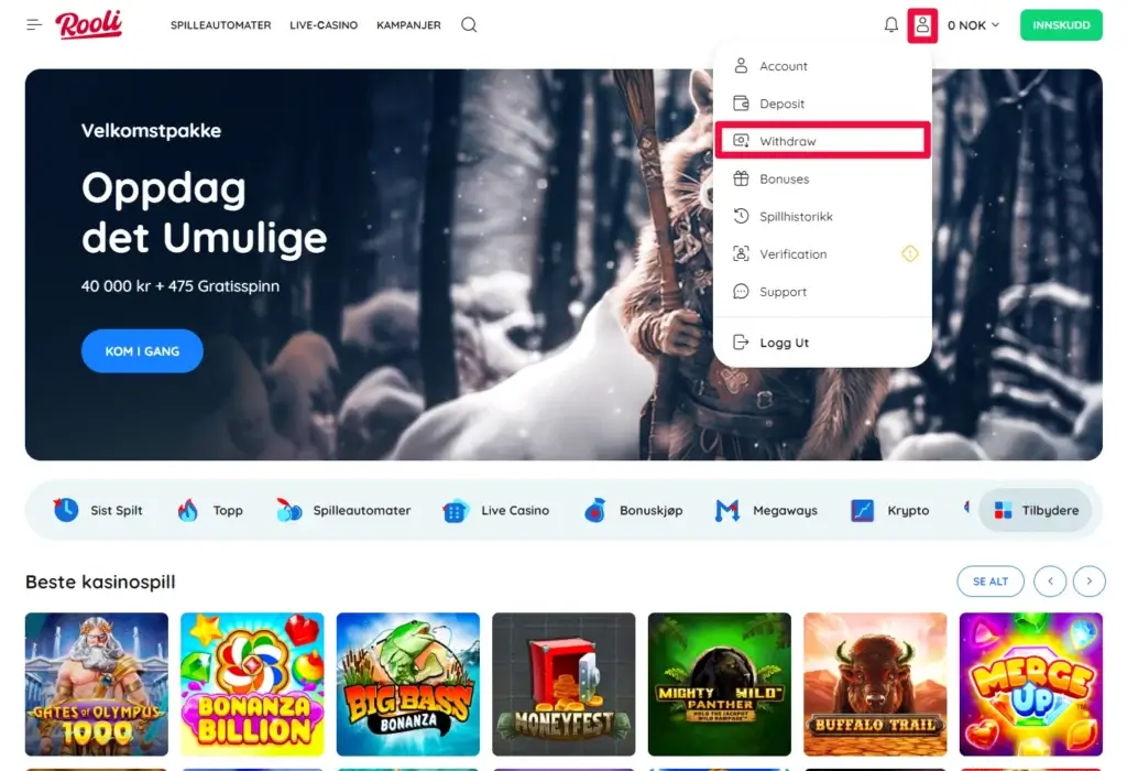 Besøk betalingssiden på casinoet for uttak av din jackpotgevinst. Rooli Casino